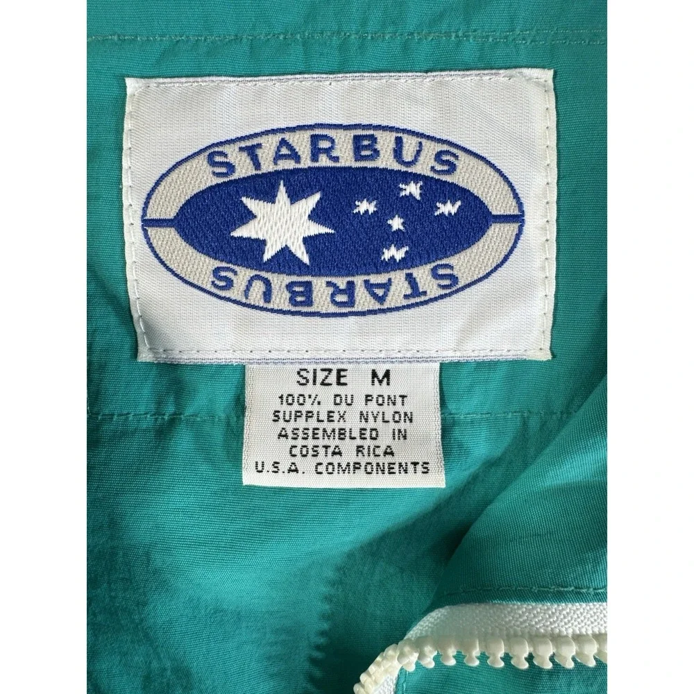 Vintage Starbus Men's Teal Windbreaker Jacket Embroidered Collared Zip-Up Size M